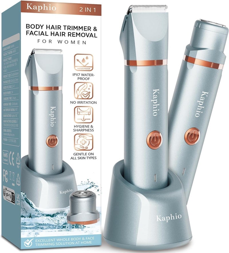 Kaphio Bikini Trimmer for Women Pubic Hair: 2 in 1 Electric Razors for Women - IPX7 Waterproof Lady Shaver for Travel & Home Use (Blue-Gold) - Image 1